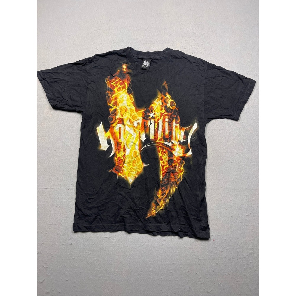 Hostility Flame Graphic T-Shirt Mens Large Black Cotton Y2K Streetwear Good